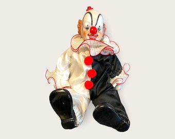 Clown, Musical, Porcelain Head and Hands and Shoes, Wind-up Musical Sitting Clown Soft Bodied, Vintage