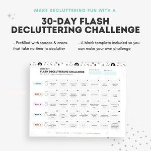 Puede incluir: Un desaf&iacute;o de limpieza de 30 d&iacute;as imprimible con un dise&ntilde;o de calendario. Cada d&iacute;a tiene una tarea de limpieza diferente, como "caj&oacute;n de basura" o "toallas viejas". El desaf&iacute;o est&aacute; dise&ntilde;ado para ayudar a las personas a limpiar sus hogares de una manera divertida y manejable.