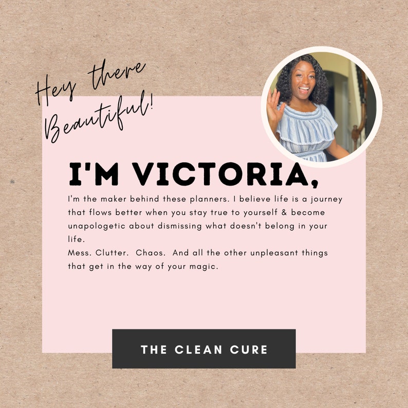 Puede incluir: Un gr&aacute;fico rosa y blanco con el texto "Hey there Beautiful! I'M VICTORIA." y "THE CLEAN CURE". El gr&aacute;fico presenta una foto de una mujer con cabello oscuro y una camisa a rayas.
