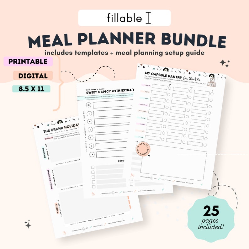 Meal Planner Printable, Digital Meal Planning, Weekly Meal Planner, Daily Meal Planner, Grocery List Planner, Minimal, Instant Download image 1