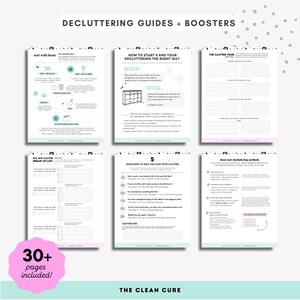 Puede incluir: Una gu&iacute;a imprimible con m&aacute;s de 30 p&aacute;ginas de consejos y listas de verificaci&oacute;n para deshacerse del desorden. La gu&iacute;a presenta un esquema de color azul verdoso y blanco con ilustraciones de una c&oacute;moda, una casa y un reloj. El texto incluye el t&iacute;tulo "Gu&iacute;as de Desorden + Impulsores" y "La Cura Limpia".