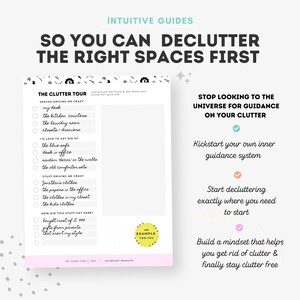 Puede incluir: Una hoja de trabajo imprimible rosa y blanca con el t&iacute;tulo "So You Can Declutter The Right Spaces First." La hoja de trabajo incluye una lista de verificaci&oacute;n titulada "The Clutter Tour" con una lista de espacios para ordenar, como "my desk", "the kitchen counters", "the laundry room", "closets - drawers", "the blue sofa", "desk in office", "random decor on the walls", "the old comforter sets", "Jonathan's clothes", "the papers in the office", "the clothes in my closet", "the kids clothes", y "gifts from parents that aren't my style". La hoja de trabajo tambi&eacute;n incluye una secci&oacute;n titulada "Stop Looking To The Universe For Guidance On Your Clutter" con marcas de verificaci&oacute;n junto a las frases "Kickstart your own inner guidance system", "Start decluttering exactly where you need to start", y "Build a mindset that helps you get rid of clutter & finally stay clutter free".