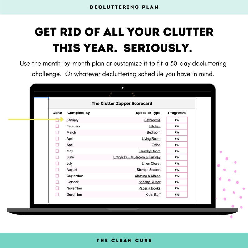 Pu&ograve; includere: Uno schermo di laptop che mostra un piano di decluttering con un elenco di controllo e un tracker di progresso. Il piano &egrave; intitolato "The Clutter Zapper Scorecard" e include un elenco di spazi da decluttering, come bagni, cucina, camera da letto e soggiorno. L'elenco di controllo include i mesi dell'anno, da gennaio a dicembre.