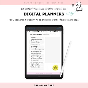 Puede incluir: Un planificador digital en la pantalla de un iPad con una lista de verificaci&oacute;n titulada "The Clutter Tour" con el texto "Spaces Driving Me Crazy" y una lista de elementos para ordenar. El iPad est&aacute; sobre un fondo blanco con un l&aacute;piz blanco a su lado. El texto "The Clean Cure" est&aacute; en la parte inferior de la imagen.