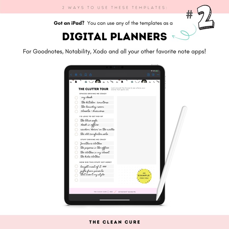 Puede incluir: Un planificador digital en la pantalla de un iPad con una lista de verificaci&oacute;n titulada "The Clutter Tour" con el texto "Spaces Driving Me Crazy" y una lista de elementos para ordenar. El iPad est&aacute; sobre un fondo blanco con un l&aacute;piz blanco a su lado. El texto "The Clean Cure" est&aacute; en la parte inferior de la imagen.