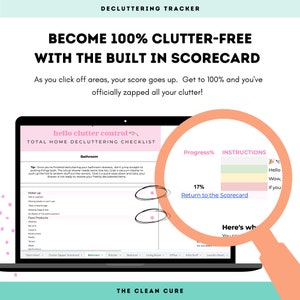 Pu&ograve; includere: Uno schermo di laptop che mostra un elenco di controllo per il disordine con una barra di avanzamento che mostra il 17% completato. L'elenco di controllo &egrave; intitolato "hello clutter control" e include una sezione per il bagno. Il testo "Torna alla scheda punteggio" &egrave; evidenziato in un riquadro blu.