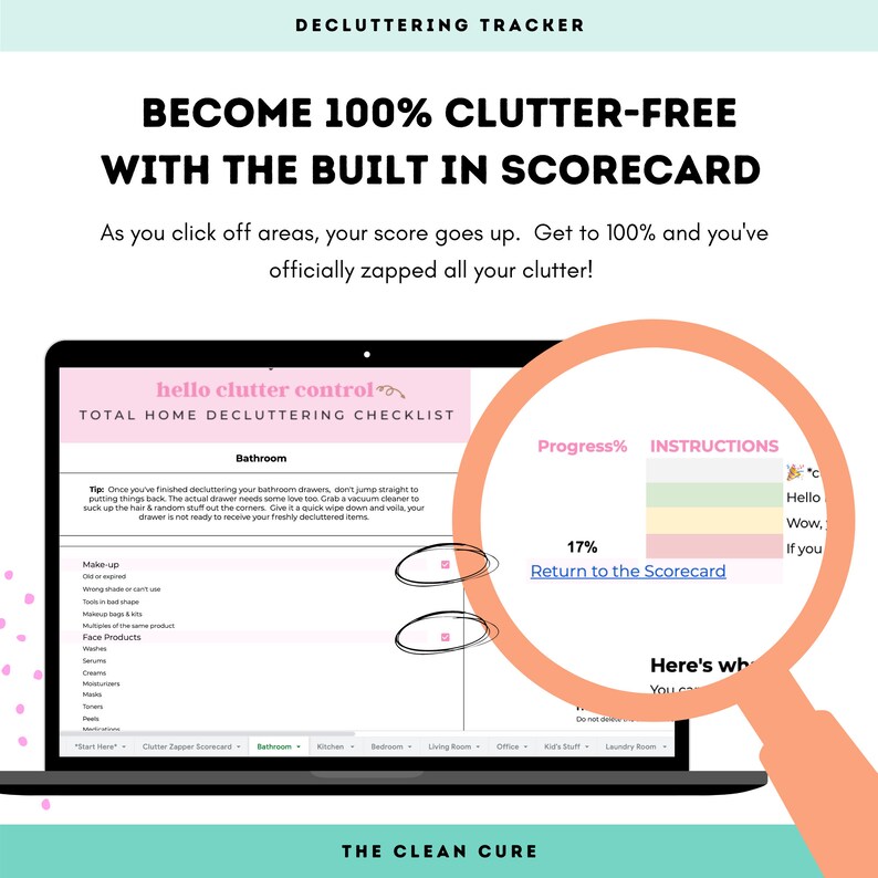 Pu&ograve; includere: Uno schermo di laptop che mostra un elenco di controllo per il disordine con una barra di avanzamento che mostra il 17% completato. L'elenco di controllo &egrave; intitolato "hello clutter control" e include una sezione per il bagno. Il testo "Torna alla scheda punteggio" &egrave; evidenziato in un riquadro blu.