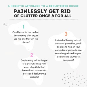 Pu&ograve; includere: Uno sfondo bianco con tre nuvolette rosa che contengono consigli per il decluttering. La prima nuvoletta dice "Crea rapidamente il piano di decluttering perfetto o usa semplicemente quello che &egrave; nel planner!" La seconda nuvoletta dice "Il decluttering non sar&agrave; pi&ugrave; un'attivit&agrave; opprimente grazie a liste di controllo intelligenti che suddividono gli spazi in progetti di decluttering di piccole dimensioni!" La terza nuvoletta dice "Invece di dover tenere traccia di pile di stampe, potrai accedere al tuo computer o telefono per vedere tutto ci&ograve; che riguarda il tuo percorso di decluttering in un unico posto!"