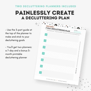 Puede incluir: Un planificador de limpieza de 7 d&iacute;as imprimible con fondo blanco y texto negro. El planificador tiene siete filas con casillas numeradas para cada d&iacute;a de la semana. El texto "7-Day Decluttering Plan" est&aacute; en la parte superior del planificador.