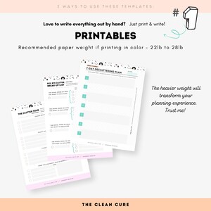 Puede incluir: Dos listas de verificaci&oacute;n imprimibles para la organizaci&oacute;n: un plan de organizaci&oacute;n de 7 d&iacute;as y una lista de ruptura con el desorden. El texto "The Clean Cure" est&aacute; en la parte inferior de la imagen. El peso de papel recomendado es de 22 lb a 28 lb.