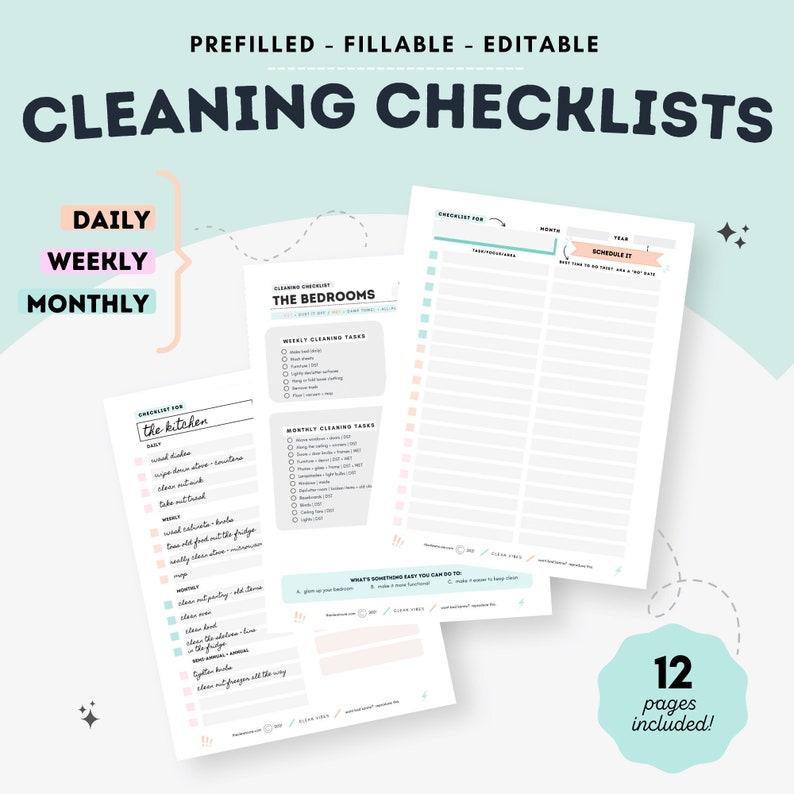 Fillable Cleaning Checklists, Editable Cleaning Planners, Monthly Cleaning Checklist, Household Chore List, Printable Cleaning Planner image 1