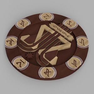 May include: A brown and gold circular coin with a stylised design in the centre. The design features a series of lines and shapes, with the text "d7v1d-v71n" at the top. The coin is surrounded by a ring of eight smaller circles, each containing a stylised symbol.