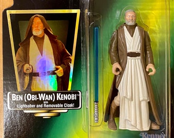 Star Wars 1997 Kenner Power of the Force Ben Obi-Wan Kenobi w/ Lightsaber, Removable Cloak Vintage Action Figure Green Card NEW MOC Hologram