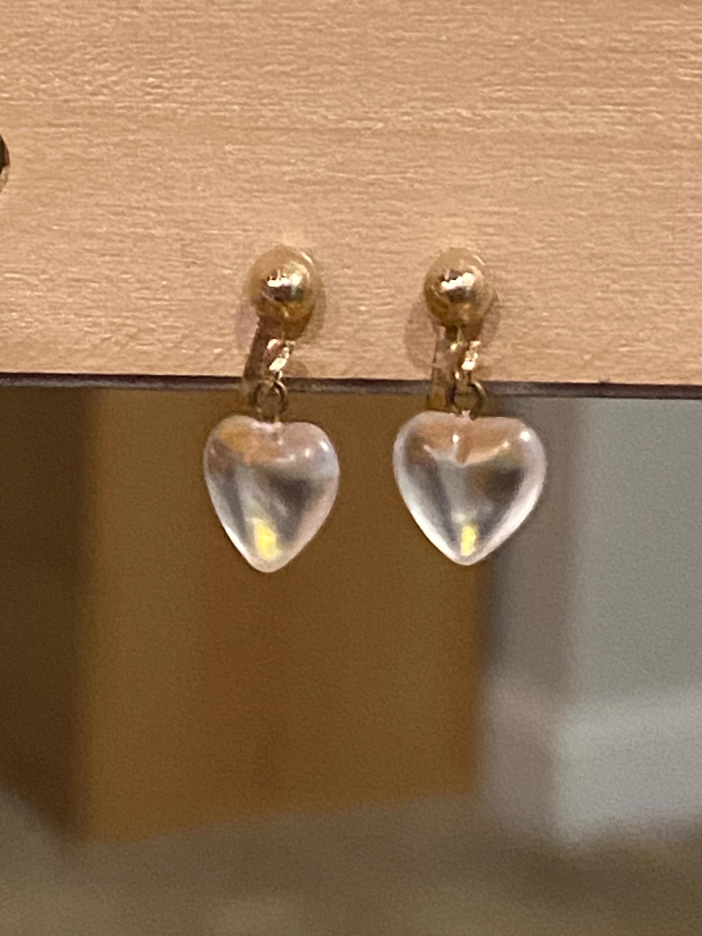 Vintage 1980s Frosted Translucent Heart Pendant Dangle Gold-Toned Clip Earrings
