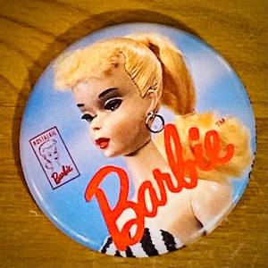 Barbie 1989 Vintage Metal Pinback Button, Nostalgic 1959 Black & White Bathing Suit Ponytail Blonde, Loose Preowned Excellent Condition