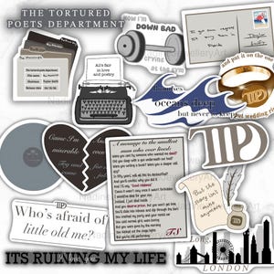 May include: A set of 10 colourful stickers featuring various quotes and illustrations. The stickers are printed on white paper with black ink. The quotes include "The Tortured Poets Department", "All's fair in love and poetry", "Cause I'm miserable", "Who's afraid of little old me?", "Its ruining my life", "Now I'm down bad crying at the gym", "Promises oceans deep but never to keep", "A message to the smallest man who ever lived", "But the story isn't mine anymore", and "And put it on the one".