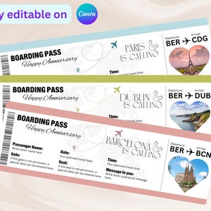 Könnte beinhalten: Drei rosafarbene, grüne und blaue Bordkarten mit einem herzförmigen Bild eines Wahrzeichen aus Paris, Dublin und Barcelona. Der Text auf den Bordkarten lautet "Boarding Pass Happy Anniversary" und enthält die Abflug- und Ankunftsstädte.