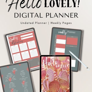 May include: A digital planner with a cactus design. The planner includes weekly reflection pages, a weekly planner, and a yearly planner. The planner is undated and has a gray background with pink accents.