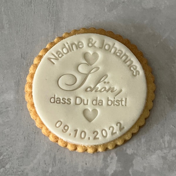 Personalized fondant stamp: Glad you're here!