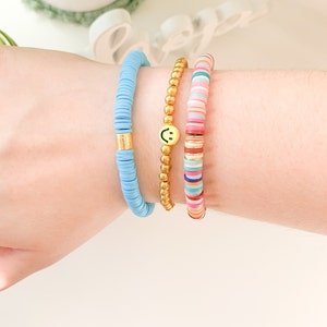 Blue Raspberry Heishi Bracelet Individual or Set | Clay Beads | Smiley Face | Beachy | Gold Bead | Trendy | Preppy | Aesthetic