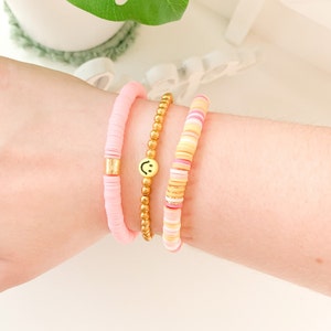 Strawberry Parfait Heishi Bracelet Individual or Set | Clay Beads | Smiley Face | Beachy | Gold Bead | Trendy | Preppy | Aesthetic