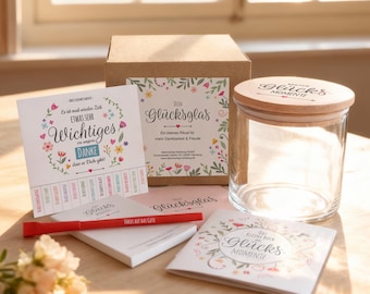 Gedankenglas Glücksglas zum Sammeln von Glücksmomenten – Dankbarkeitsglas mit Notizblock & Buch – Achtsamkeit und Reflexion Geschenk