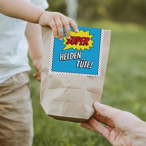 12 x "Superhelden" Einladungskarten + Geschenktüten - Set zum Kindergeburtstag