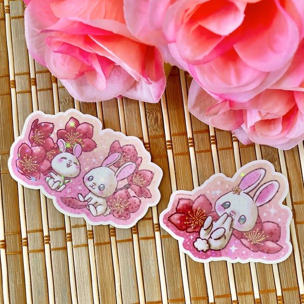 Cherry Blossom Bunny Sticker, Sakura White Rabbit Vinyl Decal, Kawaii Holo Star Animal Label, Cute Holographic Bun Art, Spring Easter Chibi