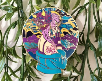 Oni Girl Vibrant Flow Hard Enamel Pin, Large Water and Wind Lapel Pin, Yokai Masked Tattoo Woman Metal Accessory, Screen Print Illustration