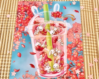 Cherry Blossom Bunny Boba Art Print, Kawaii Rabbit Cup Artwork