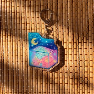 Llavero acrílico con dije de cartón de leche celestial, llavero floral de cartón de vidrio, llavero de comida y bebida, accesorio para bolso de chica mágica kawaii
