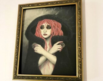 Pink Hair Girl Art Print, Witch Portrait Painting, Fantasy Gothic Character Illustration