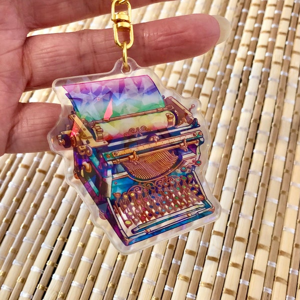 Holo Rainbow Typerwriter Acrylic Charm Keychain, Holographic Kawaii Multicolored Antique Keyring, Cute Decorative Keyboard Art Key Accessory