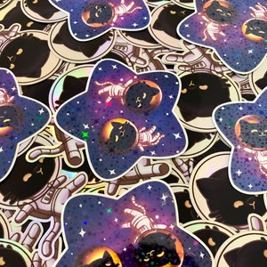 Autocollant holographique de chat astronaute, décalque de vinyle Catronaut, étiquette Kawaii Holo Bubble Tea Kitty, arc-en-ciel mignon Boba Space Cat, Galaxy Space Art