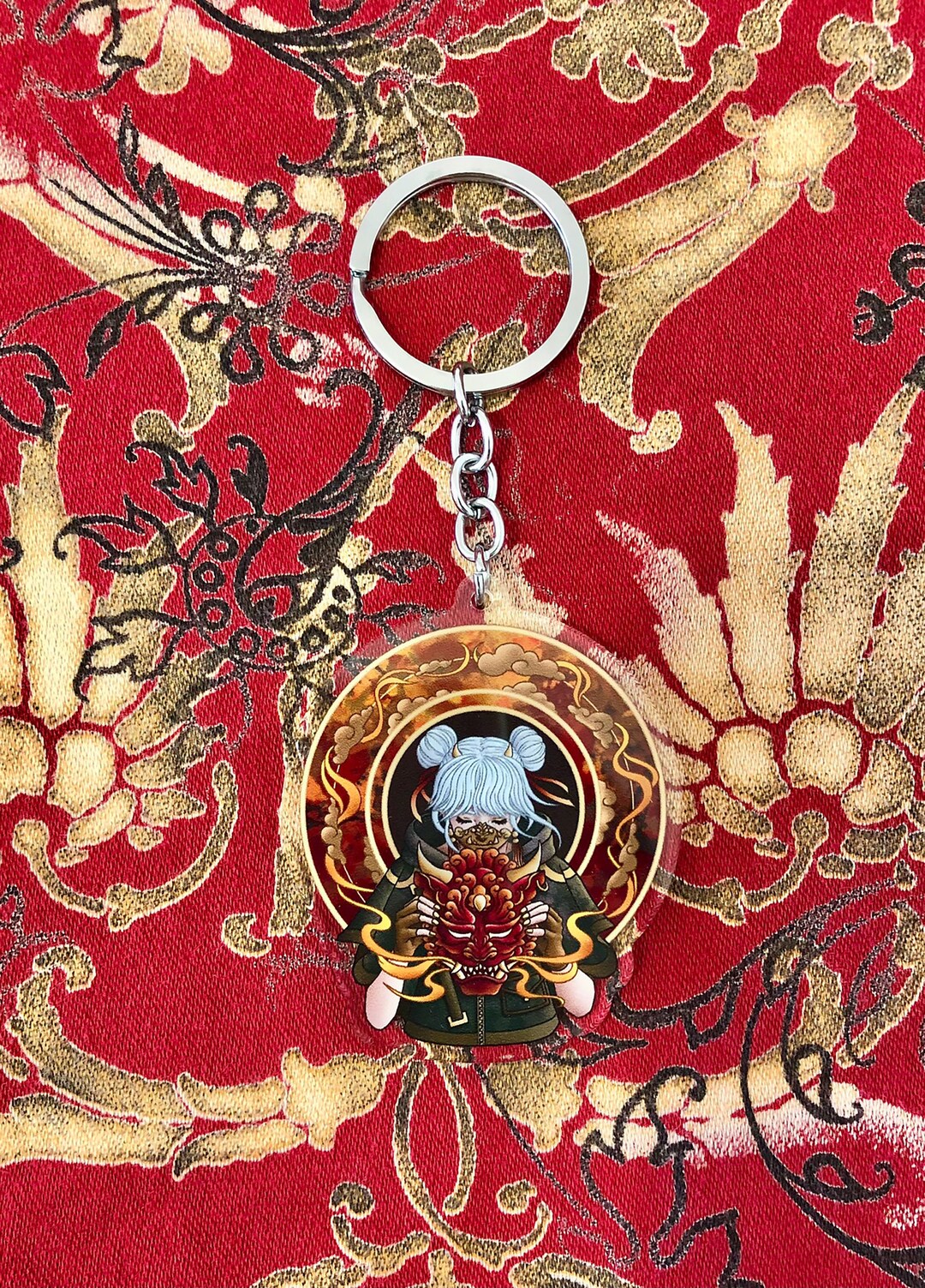 Yokai Fire Anime Girl Acrylic Charm Keychain, Manga Oni Aesthetic