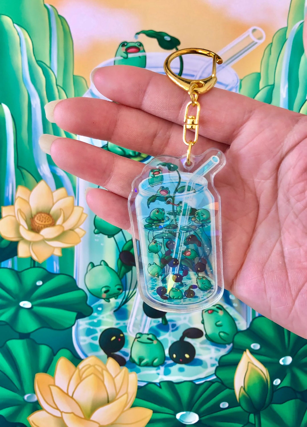 Frog and Tadpole Bubble Tea Acrylic Charm Keychain, Holographic Boba
