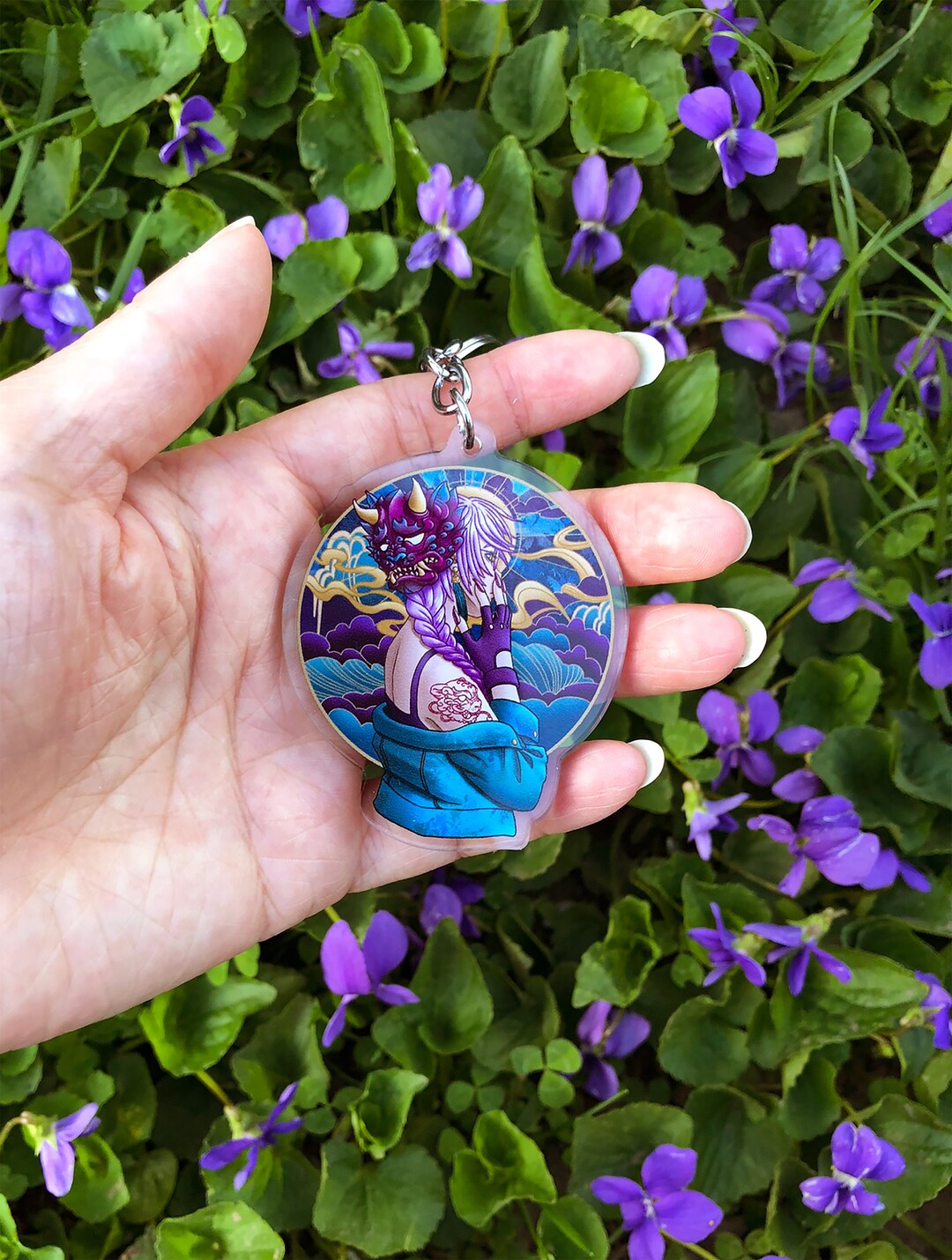Yokai Mask Girl Acrylic Charm Keychain, Tattoo Oni Girl Aesthetic