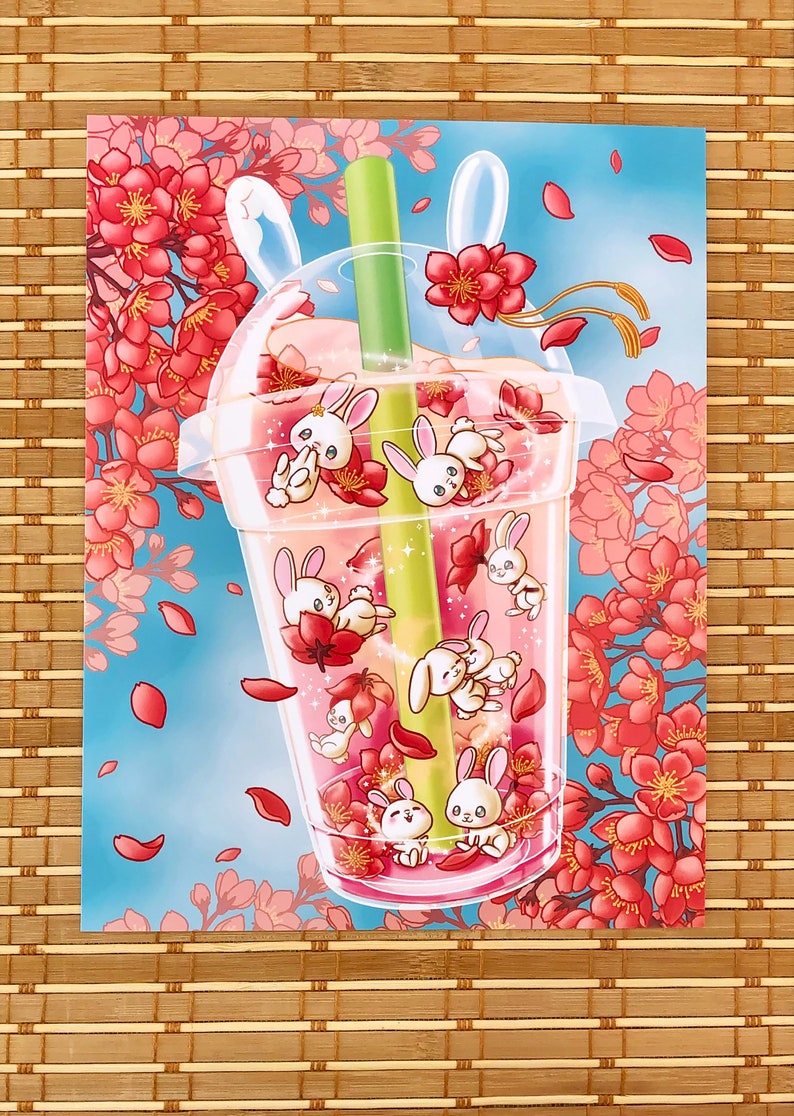 Cherry Blossom Bunny Bubble Tea Art Print, Cute 8.5 X 11 Inch Sakura ...
