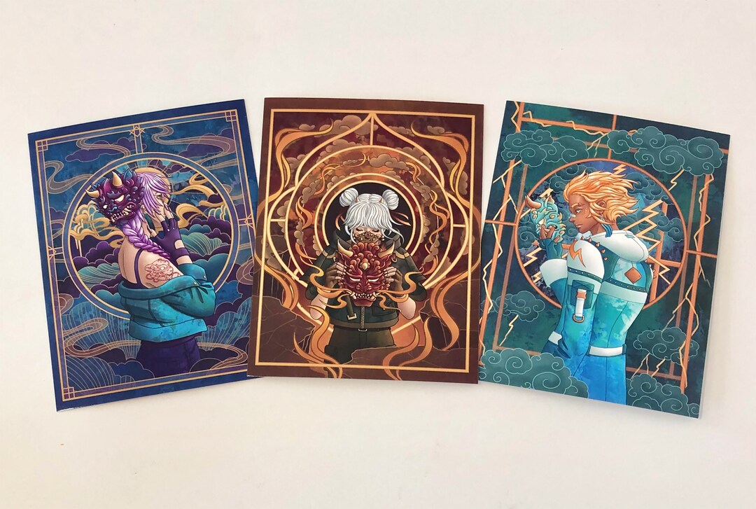 Elemental Yokai Postcards, Oni Mask Fashion Art Prints, Lightning Fire Water Wind Illustrative