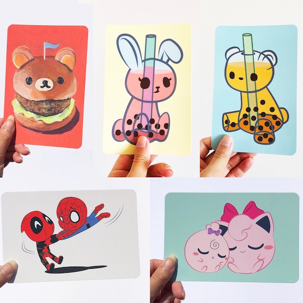 Cartes postales d'art mignon, impression d'art Rilakkuma Burger 4 x 6, carte postale kawaii, lapin ours Boba, impressions de carte postale de nourriture mignonne, illustration de super-héros