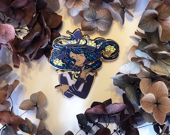 Blooming Tea Witch Hard Enamel Pin, Night and Day, Glitter Aesthetic Tea Lapel Pin, Witchy Anime Girl Badge, Magical Floral Pin