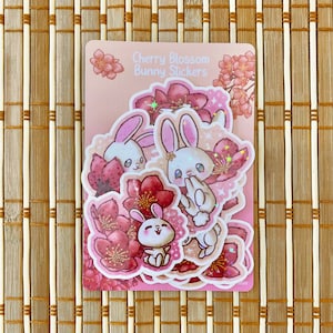 Kirschblüten-Häschen-Aufkleber-Set, Kawaii Sakura-weißes Kaninchen-Vinyl-Kunst-Aufkleber, niedliche rosa Blumen-Tier-Kunstwerk-Aufkleber-Satz ästhetische Etiketten