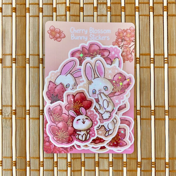 Cherry Blossom Bunny Sticker Set, Kawaii Sakura White Rabbit Vinyl Art Decal, Cute Pink Flower Animal Artwork Sticker Pack Aesthetic Labels