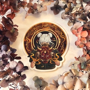 Feuer Yokai Maske Mädchen Vinyl Aufkleber, Oni Girl Aesthetic Aufkleber, Anime japanische Mode Monster Girl dekoratives Etikett