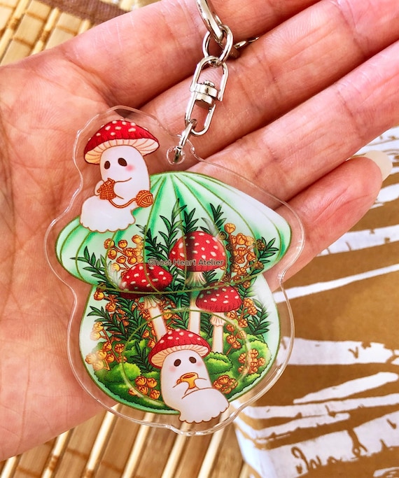 Mushroom Ghosts Terrarium Acrylic Charm Keychain, Kawaii Halloween