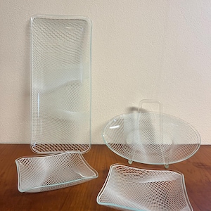 Art. 1338 - Vintage Glass Cake Set, 4-Piece, Olbernhau, Abstract Pattern, Serving Plates, Mid-Century
