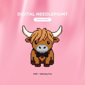 Highland Cow Needlepoint Chart | Scottish Coo Bow Tie | Stitchly File PDF Pattern | 13 18 Mesh | Funny Animal Digital Download
