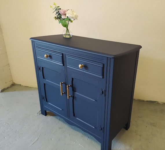 Small vintage sideboard finished in Navy Blue with gold handles