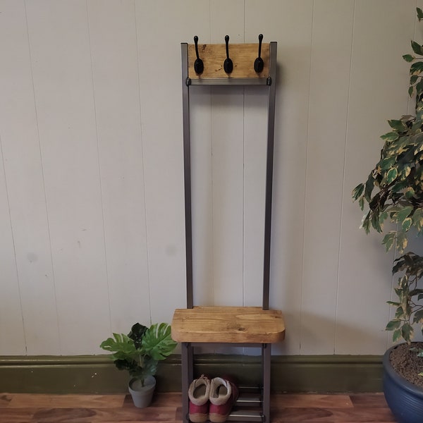 Narrow hallway coat stand, Coat stand with seat & shoe rack bench, slim coat rack ideal for porch