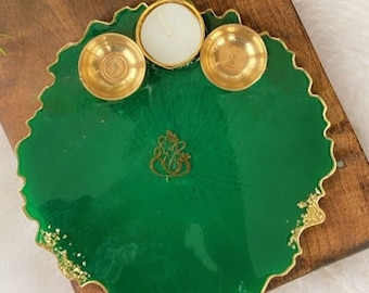 8' Hand-Made Emerald Green and Real Gold Embellished Ganesh Resin Art Tray / Pooja Thali – Limited Edition